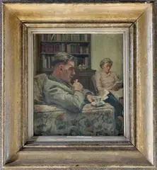An interior scene / portrait of a Mr and Mrs Locke by Keith Sutton, oil on canvas, sold Feb 2024