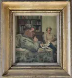 An interior scene / portrait of a Mr and Mrs Locke by Keith Sutton, oil on canvas, sold Feb 2024