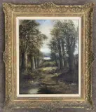 View through Autumnal trees with foreground figures by James Wallace, oil on canvas, offered Feb 2024