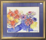 Still life of Anemones and fruit by John Hopwood, oil, sold Feb 2024
