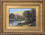 Landscape and river view at sunset / sunrise with foreground by George G.Smith, oil, offered Feb 2024