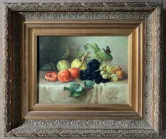 Still life with fruit and butterfly by E. Valery, oil on board, sold Feb 2024