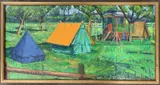 Camping site with travellers wagon by Geoffrey M. Vivis, oil on board, sold Feb 2024