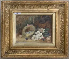 Birds nest and surrounding flora by Frederic Bates, oil on canvas, sold Feb 2024
