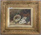 Birds nest and surrounding flora by Frederic Bates, oil on canvas, sold Feb 2024