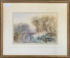 A view across a river to a bridge and trees by Henry Harris Lines, 1881, pencil and watercolour, sold Feb 2024