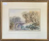 A view across a river to a bridge and trees by Henry Harris Lines, 1881, pencil and watercolour, sold Feb 2024