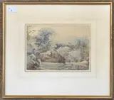 Landscape view across a river to a bridge with two figures by George Sheffield, 1884, watercolor, sold Feb 2024