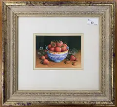 Still life of strawberries in a bowl by Trisha Hardwick, gouache and watercolour, sold Feb 2024