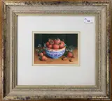 Still life of strawberries in a bowl by Trisha Hardwick, gouache and watercolour, sold Feb 2024