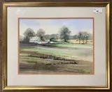 View over country fields to a cottage and outbuildings by Anna Skinner, watercolour, sold Feb 2024