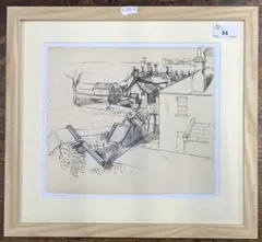A view over rooftops and buildings by John Aldridge, ink, sold Feb 2024