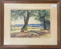 Sheep lay at rest beneath the shade of trees by Frank Corbyn Price, watercolour, offered Feb 2024