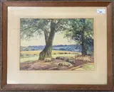 Sheep lay at rest beneath the shade of trees by Frank Corbyn Price, watercolour, offered Feb 2024