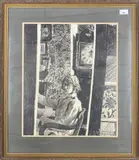 Interior scene with a seated gentleman sat by a longcase clock by John Hopwood, charcoal and pencil on paper, sold Feb 2024
