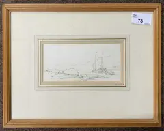 Junk in an estuary by George Chinnery R.H.A., pencil on paper, sold Feb 2024