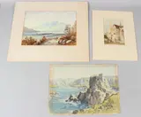 Rocky coastal landscape with castle by John Littlejohns, watercolour, sold Jul 2026