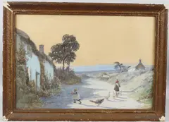 Landscape and cottages with a woman and child feeding geese by John White, watercolour, offered Jul 2026