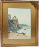 Coastal view of cliffs and fishing boats by Florence May Grace, 1929, watercolour, offered Jul 2026