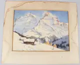 Snow covered mountain landscape by Lucy Hume-Williams, watercolour, sold Jul 2026