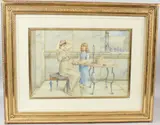 Interior scene of a woman and girl holding flowers by William Anstey Dolland, watercolour, offered Jul 2026