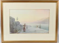 Harbour scene of a woman and child with departing fisherman by John White, watercolour, sold Jul 2026