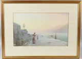 Harbour scene of a woman and child with departing fisherman by John White, watercolour, sold Jul 2026