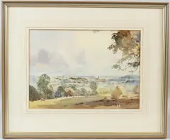 Landscape with distant spires by Jack Merriott, watercolour, sold Jul 2026