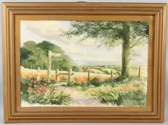 Downland landscape with footpath by Terry Harrison, watercolour, offered Jul 2026