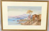 Italian coastal village view with returning fishing boats by S St John, watercolour, sold Jul 2026