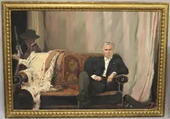 Portrait of Anthony Embirocos seated with a gaucho behind by Howard Morgan, oil on canvas, sold Jun 2026