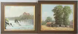 Landscape with figures and buildings by W B Montgomery, oil, sold Jun 2026
