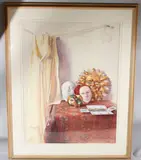 Still life with Venetian masks by Robbie Wraith, 1993, watercolour and pencil, sold Jun 2026