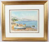 Italian coastline with fishermen and boats by Manuel Gimeno Granell, watercolour, offered Jun 2026
