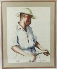 Portrait of a man holding a hosepipe by Stella Shawzin, watercolour, sold Jun 2026
