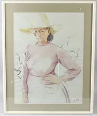Portrait of a woman in a pink dress by Stella Shawzin, watercolour, sold Jun 2026