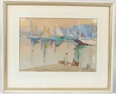 Harbour side view of boats by Frank Sherwin, watercolour, offered Jun 2026