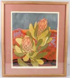 Proteas in a landscape by Angela Newberry, screenprint, sold Jun 2026