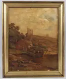 Shoreline view of a ruin on a hillside by Charles Lancaster, oil on board, sold May 2026