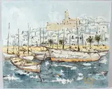 Harbour view acrylic by Bernard Dufour, acrylic on canvas, offered May 2026
