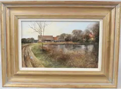 View of farm and pond by Clive Madgwick, oil on board, sold May 2026