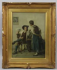 Scene of a man in discussion with a barmaid by Théodore Gérard, oil on canvas, offered May 2026