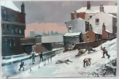 Street scene with children throwing snowballs by Tom Brown, oil on canvas, sold May 2026
