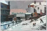 Street scene with children throwing snowballs by Tom Brown, oil on canvas, sold May 2026