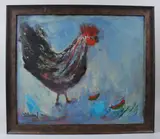 TURKISH. A colourful cockerel, oil on board. Signed lower left, framed. 70cms x 60cms by Orhan Peker, oil on board, sold Apr 2026