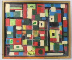 Cubist abstract by Nejad Melih Devrim, oil on board, sold Apr 2026