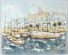 Harbour view acrylic by Bernard Dufour, acrylic on canvas, offered Apr 2026