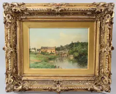 French village on a river by Maurice Levis, oil on board, sold Apr 2026