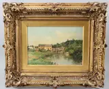 French village on a river by Maurice Levis, oil on board, sold Apr 2026