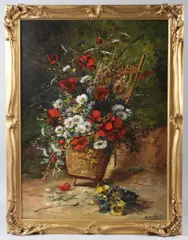 Still life of daisies and poppies in a basket by Eugène Henri Cauchois, oil on canvas, sold Apr 2026